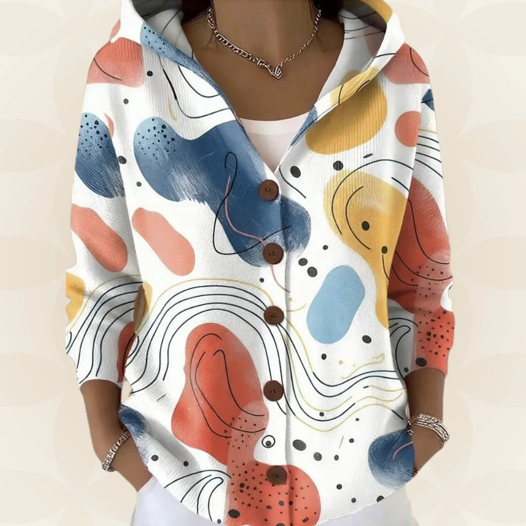 Beige Women's Button-Front Hoodie with V-Neck & Long Sleeves