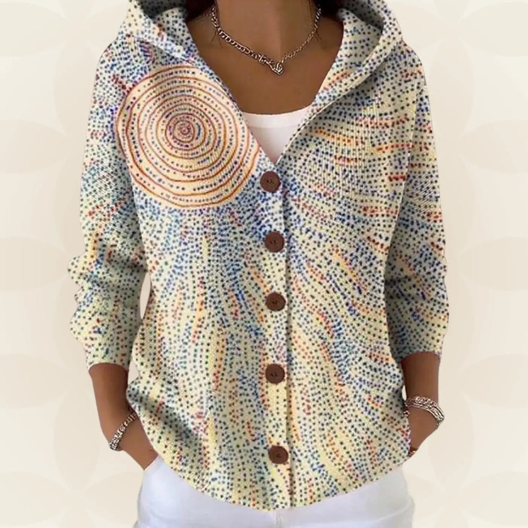 Light Yellow Women's Button-Front Hoodie with V-Neck & Long Sleeves - Front Hooded