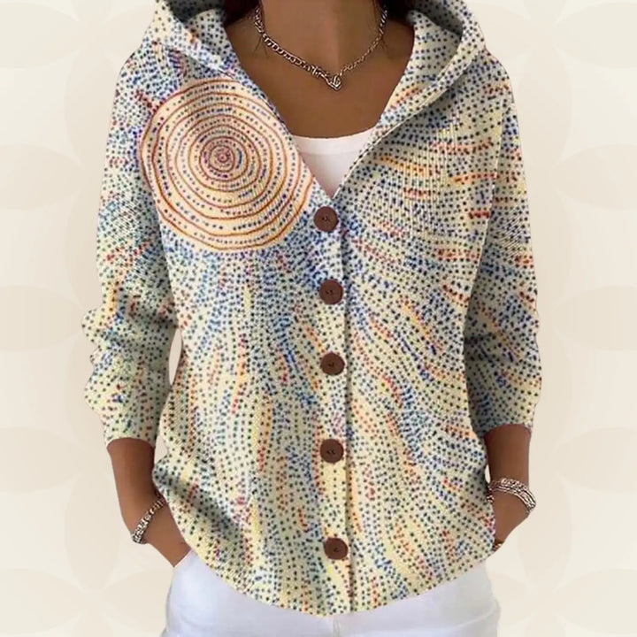 Light Yellow Women's Button-Front Hoodie with V-Neck & Long Sleeves - Front Hooded