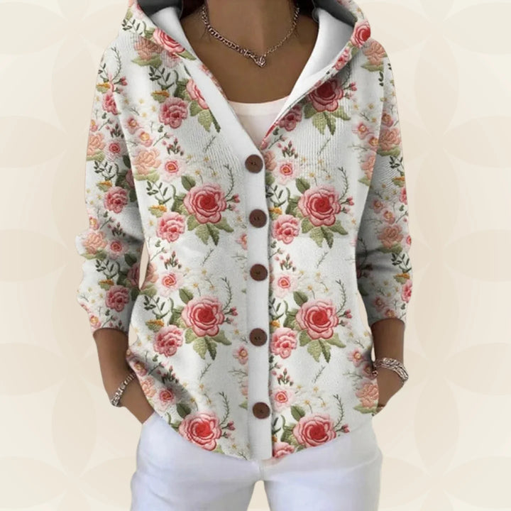 Pink Women's Button-Front Hoodie with V-Neck & Long Sleeves