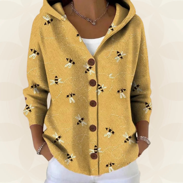 Yellow Women's Button-Front Hoodie with V-Neck & Long Sleeves