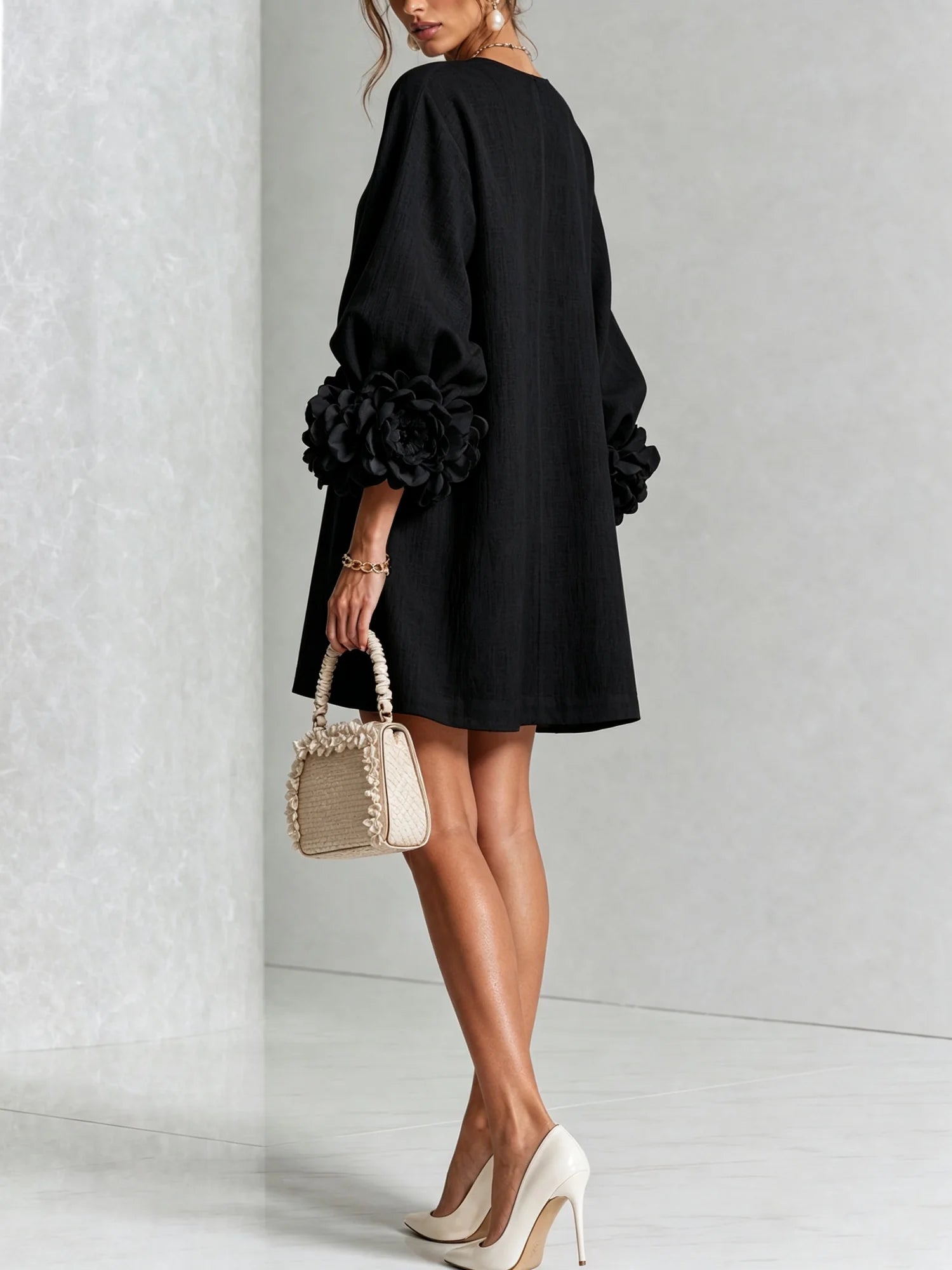Black Women's Floral Mini Dress with Linen Button-Front & Rosette Cuffs — Jolie - Back Full