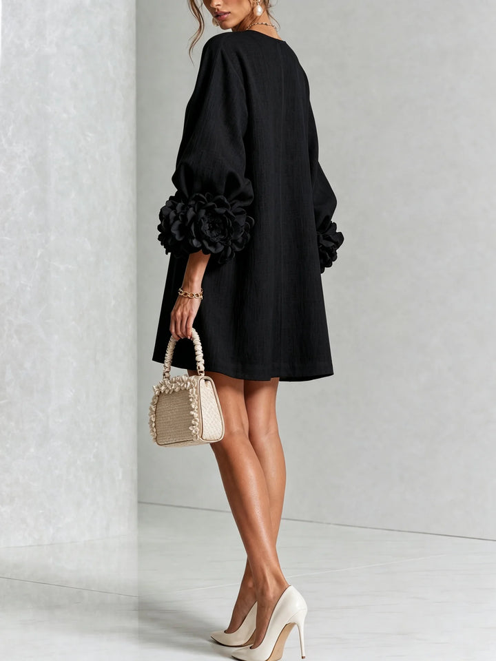 Black Women's Floral Mini Dress with Linen Button-Front & Rosette Cuffs — Jolie - Back Full