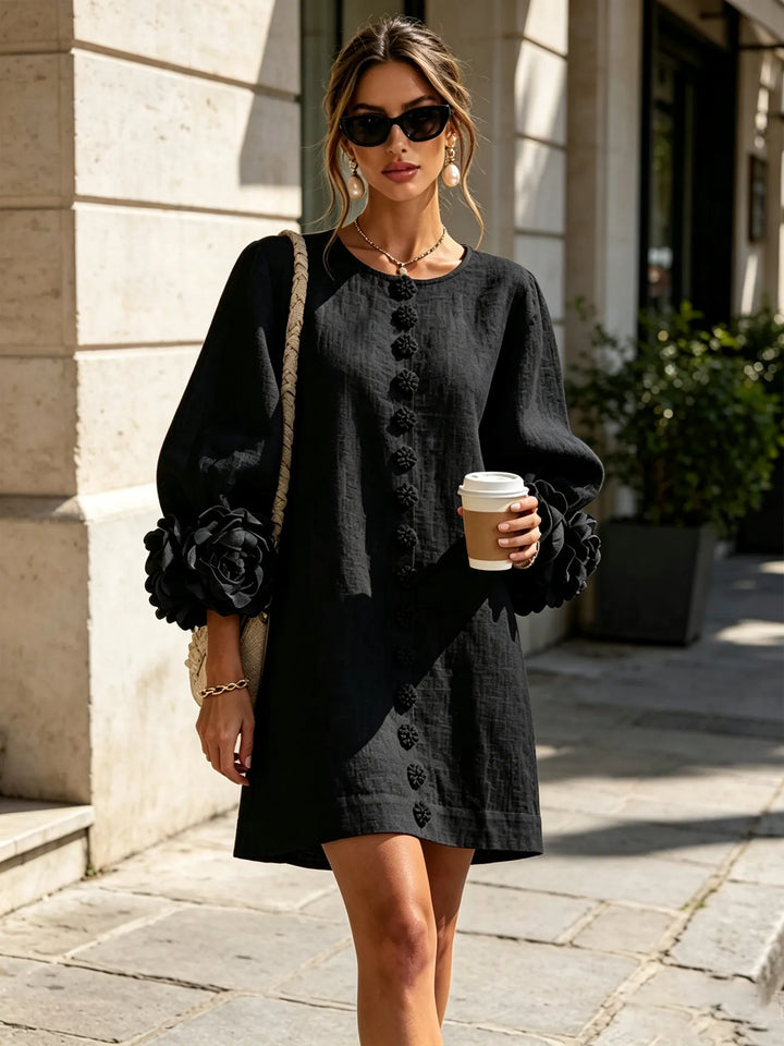Black Women's Floral Mini Dress with Linen Button-Front & Rosette Cuffs — Jolie - Outdoor Walking