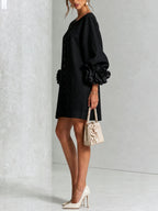 Black Women's Floral Mini Dress with Linen Button-Front & Rosette Cuffs — Jolie - Side Pose