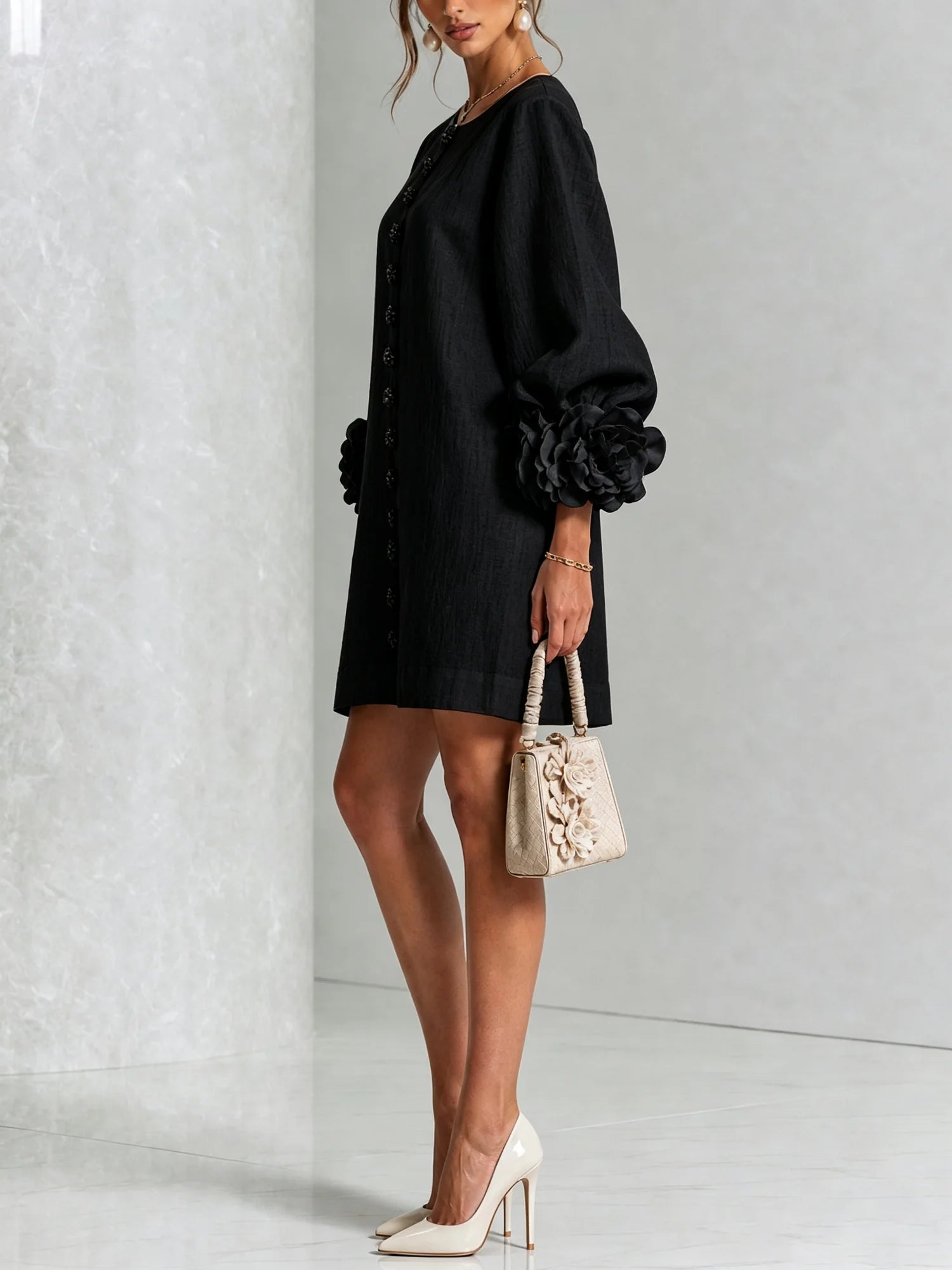 Black Women's Floral Mini Dress with Linen Button-Front & Rosette Cuffs — Jolie - Side Pose