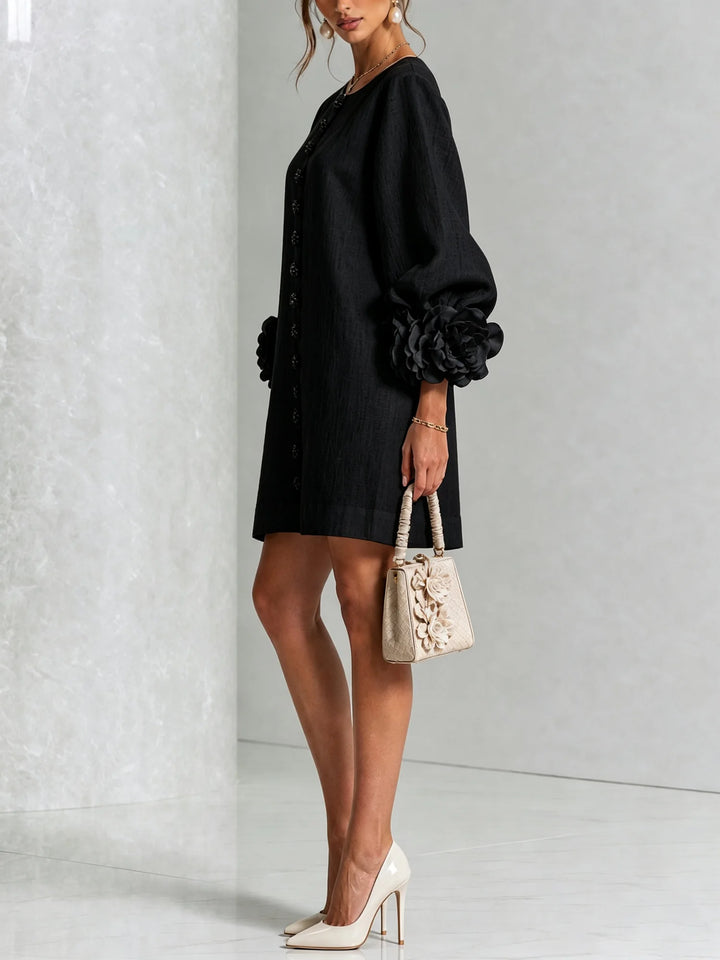 Black Women's Floral Mini Dress with Linen Button-Front & Rosette Cuffs — Jolie - Side Pose