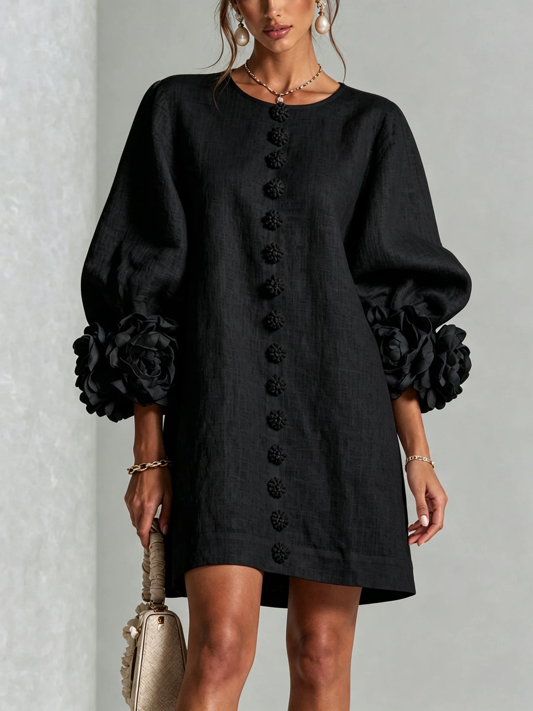 Black Women's Floral Mini Dress with Linen Button-Front & Rosette Cuffs — Jolie