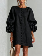 Black Women's Floral Mini Dress with Linen Button-Front & Rosette Cuffs — Jolie