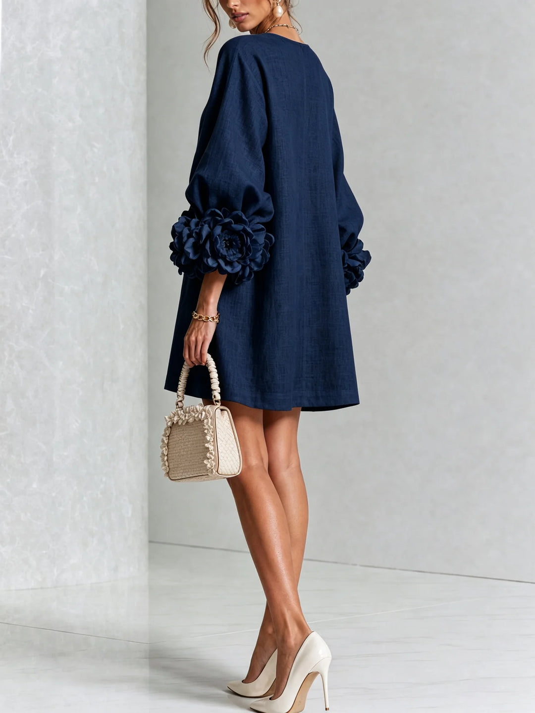 Navy Women's Floral Mini Dress with Linen Button-Front & Rosette Cuffs — Jolie - Back Full