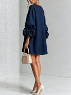 Navy Women's Floral Mini Dress with Linen Button-Front & Rosette Cuffs — Jolie - Back Full