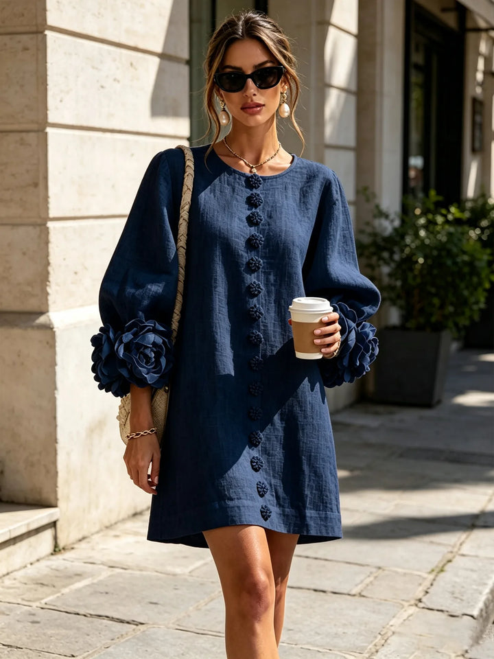 Navy Women's Floral Mini Dress with Linen Button-Front & Rosette Cuffs — Jolie - Outdoor Walking