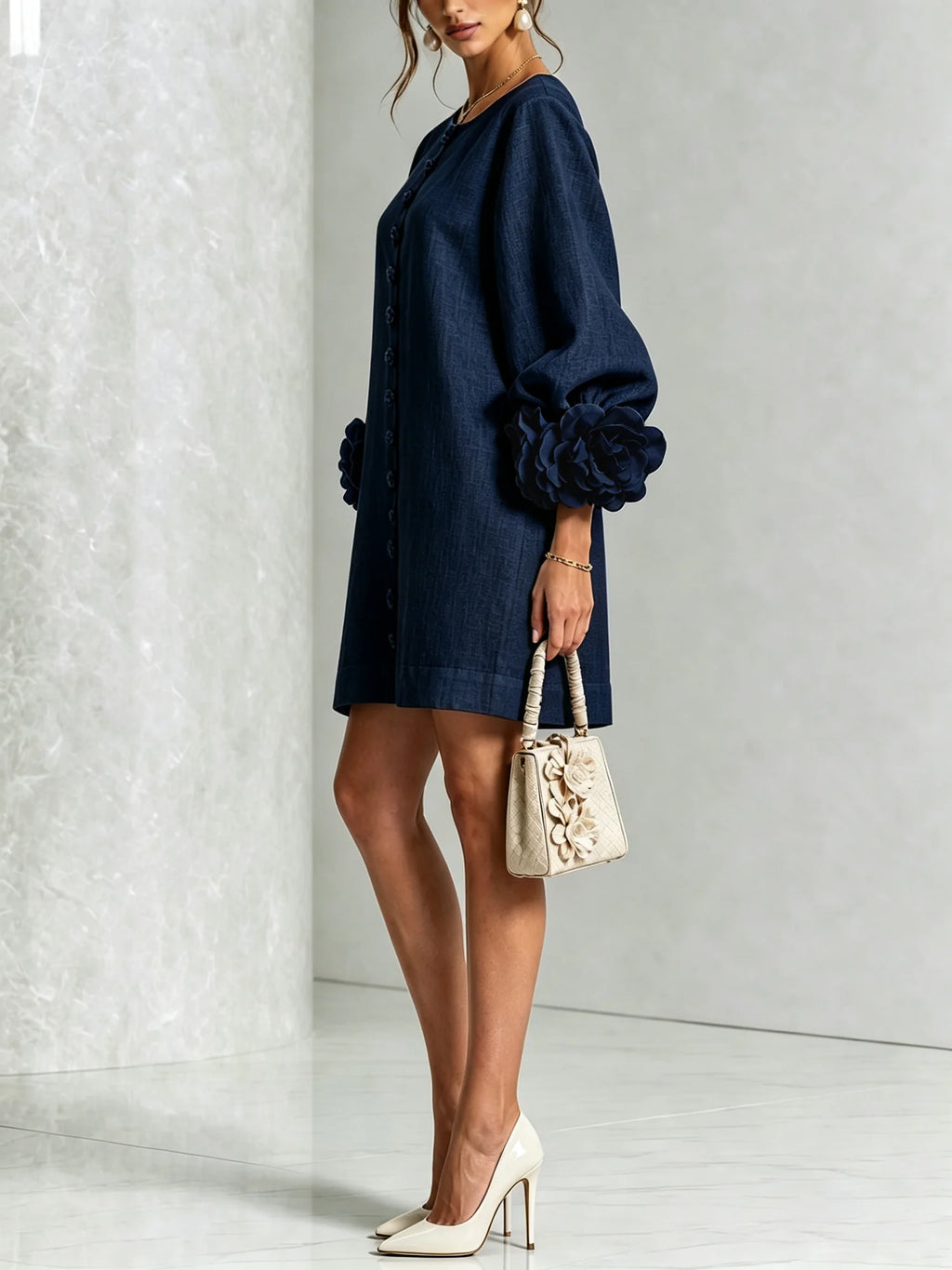 Navy Women's Floral Mini Dress with Linen Button-Front & Rosette Cuffs — Jolie - Side Pose