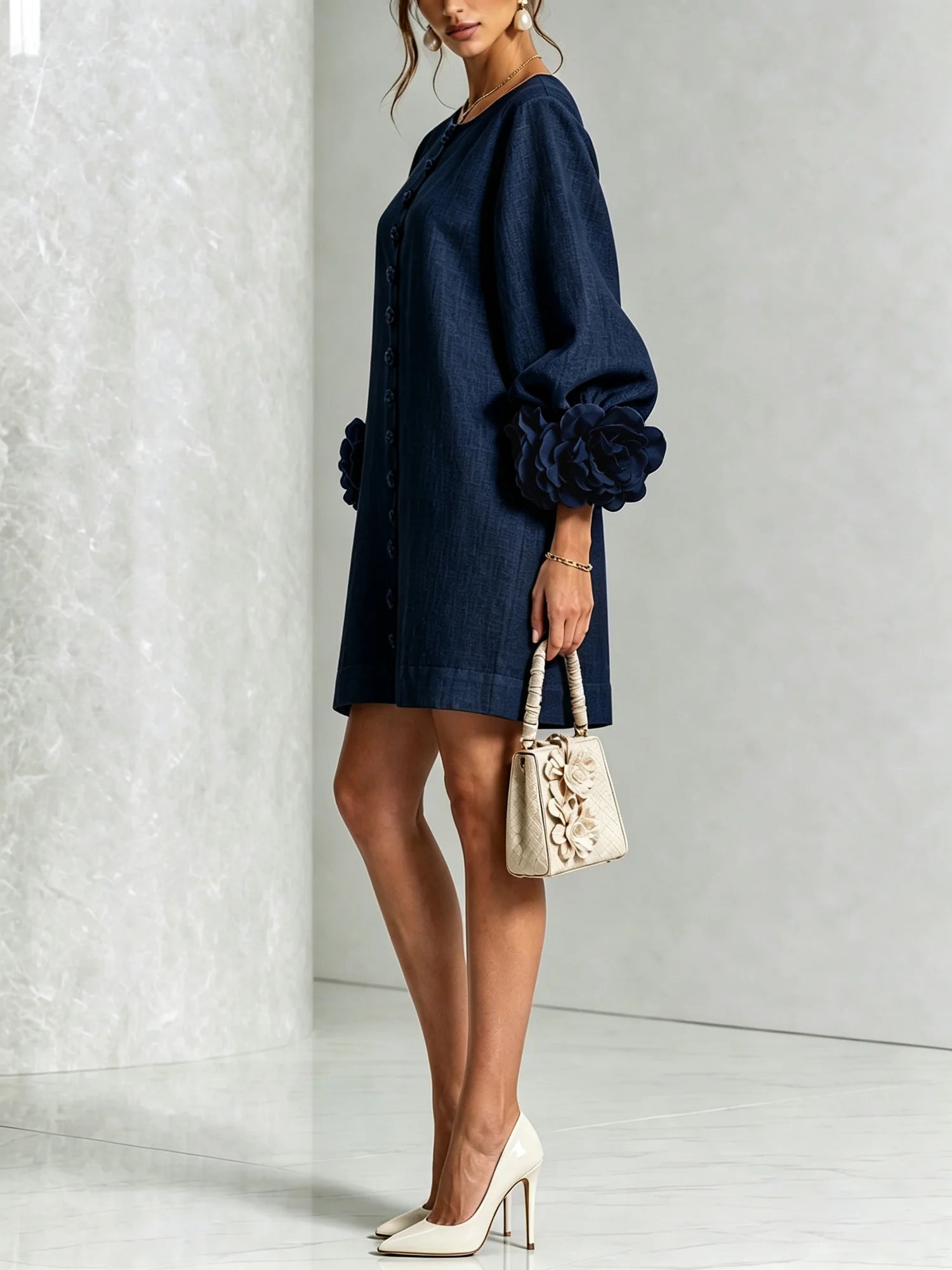 Navy Women's Floral Mini Dress with Linen Button-Front & Rosette Cuffs — Jolie - Side Pose