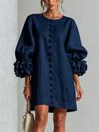 Navy Women's Floral Mini Dress with Linen Button-Front & Rosette Cuffs — Jolie