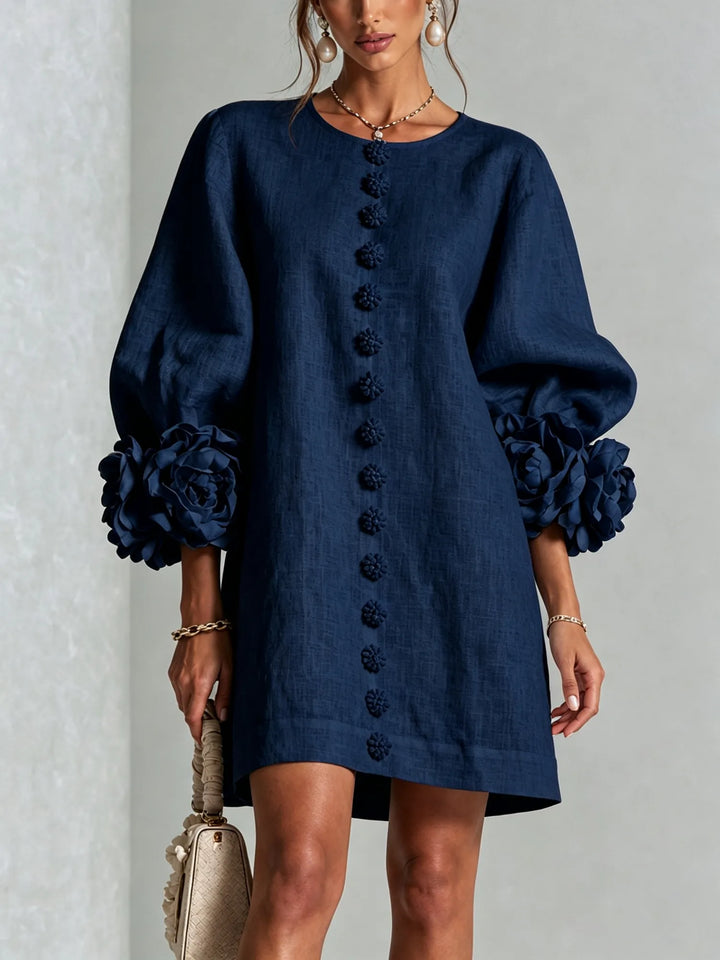 Navy Women's Floral Mini Dress with Linen Button-Front & Rosette Cuffs — Jolie
