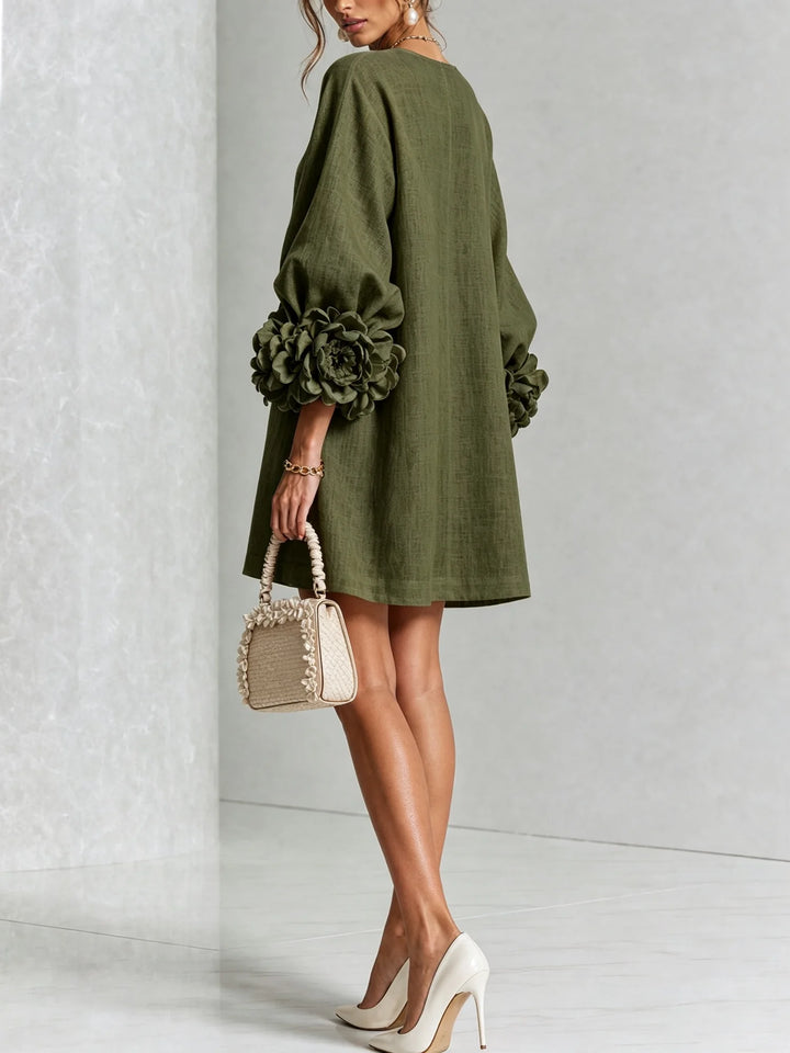 Olive Women's Floral Mini Dress with Linen Button-Front & Rosette Cuffs — Jolie - Back Full