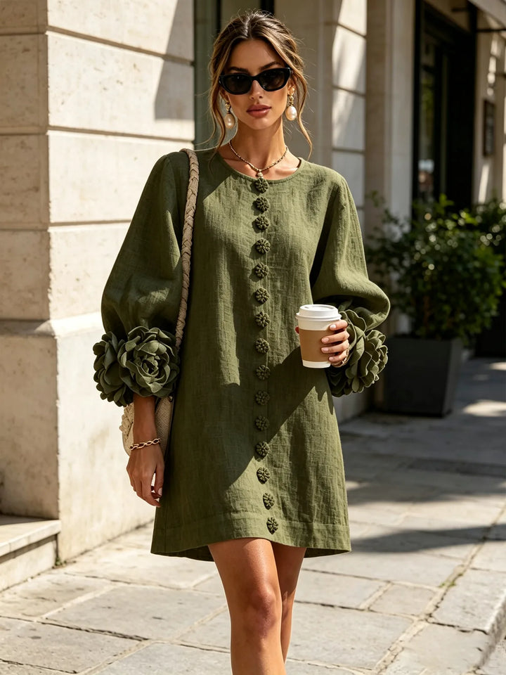 Olive Women's Floral Mini Dress with Linen Button-Front & Rosette Cuffs — Jolie - Outdoor Walking
