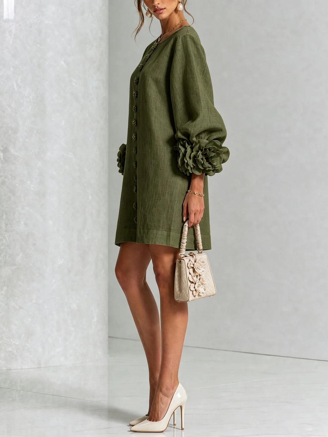 Olive Women's Floral Mini Dress with Linen Button-Front & Rosette Cuffs — Jolie - Side Pose