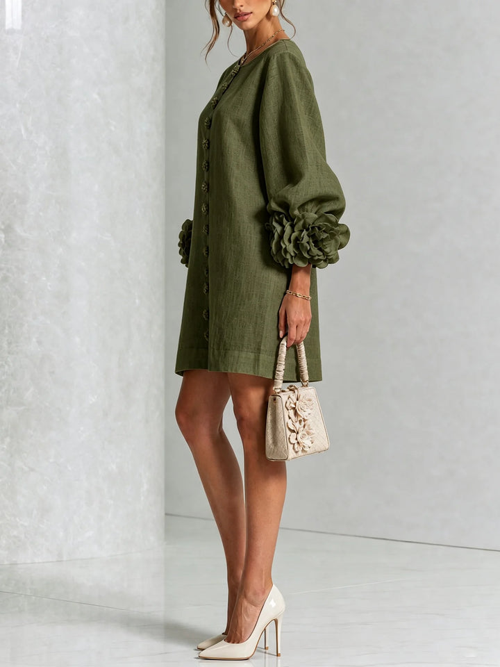 Olive Women's Floral Mini Dress with Linen Button-Front & Rosette Cuffs — Jolie - Side Pose