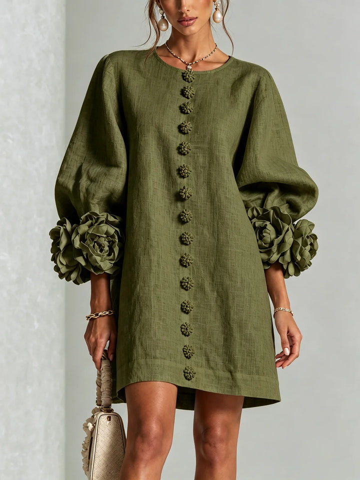 Olive Women's Floral Mini Dress with Linen Button-Front & Rosette Cuffs — Jolie