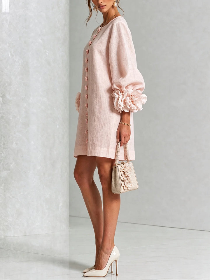 Pink Women's Floral Mini Dress with Linen Button-Front & Rosette Cuffs — Jolie - Side Pose