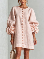 Pink Women's Floral Mini Dress with Linen Button-Front & Rosette Cuffs — Jolie