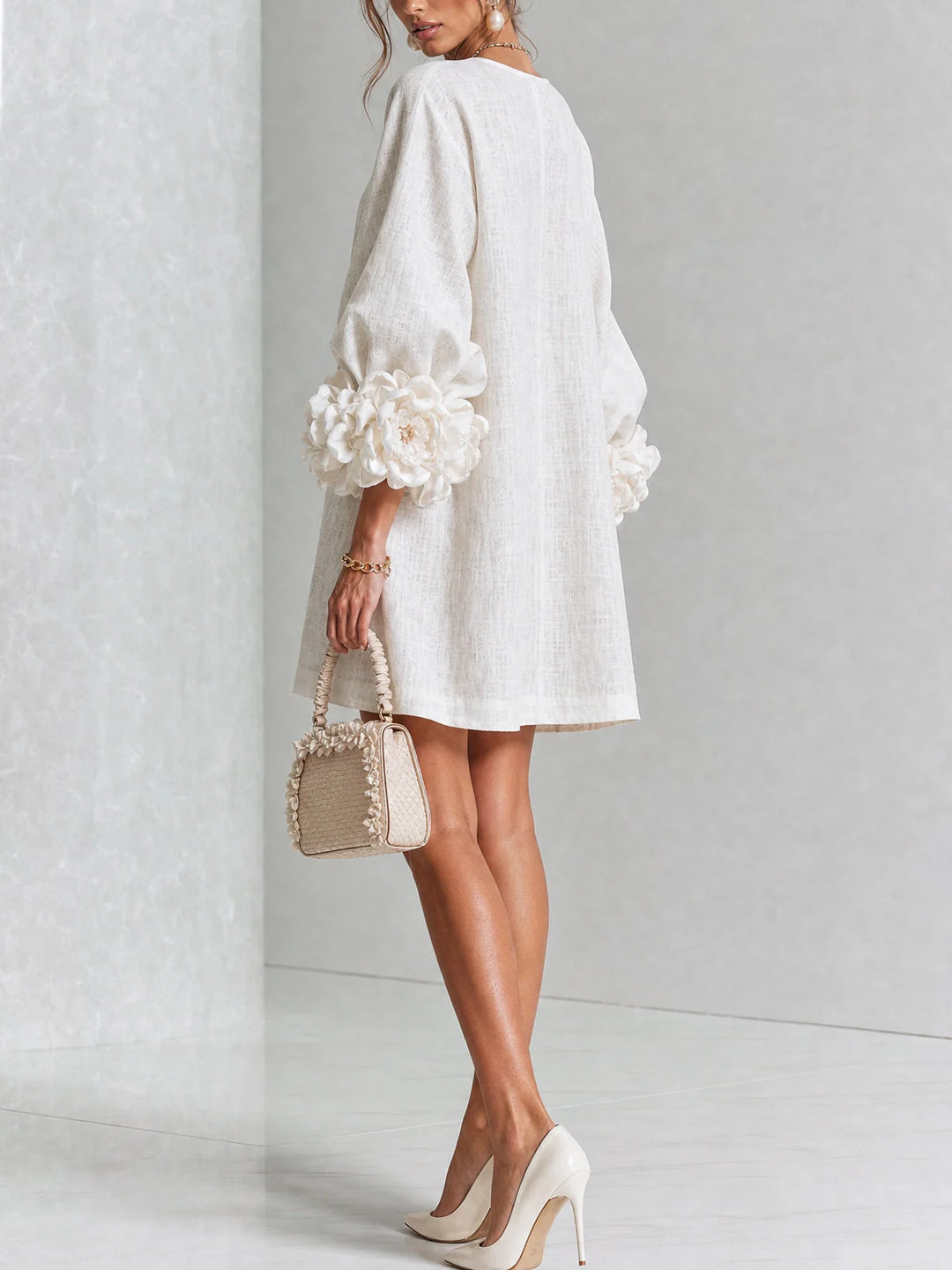 White Women's Floral Mini Dress with Linen Button-Front & Rosette Cuffs — Jolie - Back Full Cream