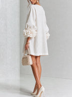 White Women's Floral Mini Dress with Linen Button-Front & Rosette Cuffs — Jolie - Back Full Cream