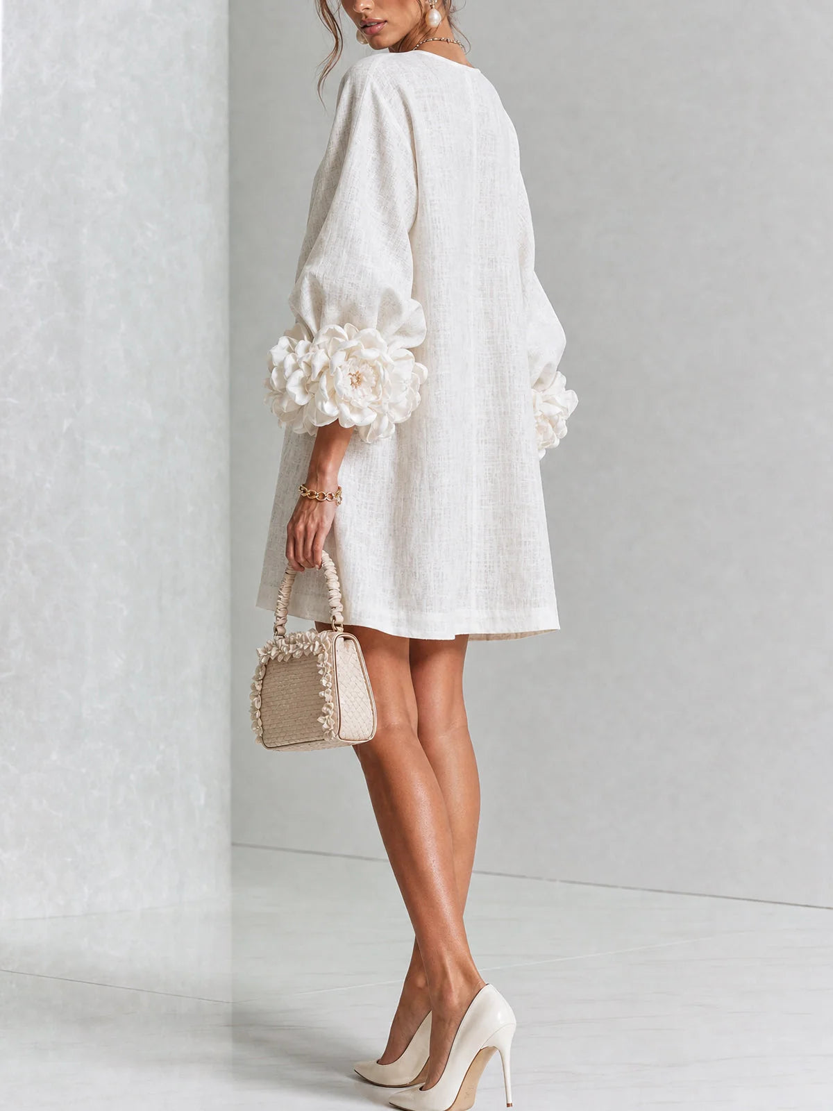 White Women's Floral Mini Dress with Linen Button-Front & Rosette Cuffs — Jolie - Back Full Cream