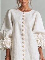 White Women's Floral Mini Dress with Linen Button-Front & Rosette Cuffs — Jolie - Close Up Neckline Cream