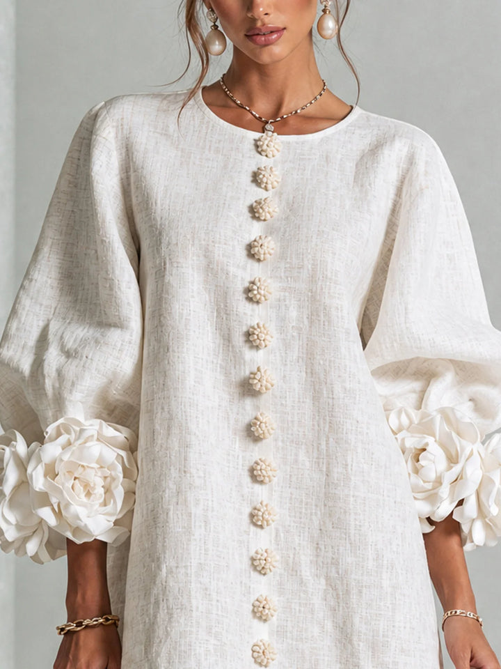White Women's Floral Mini Dress with Linen Button-Front & Rosette Cuffs — Jolie - Close Up Neckline Cream