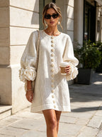 White Women's Floral Mini Dress with Linen Button-Front & Rosette Cuffs — Jolie - Outdoor Walking Cream