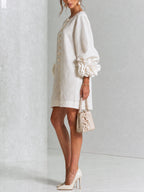 White Women's Floral Mini Dress with Linen Button-Front & Rosette Cuffs — Jolie - Side Pose Cream