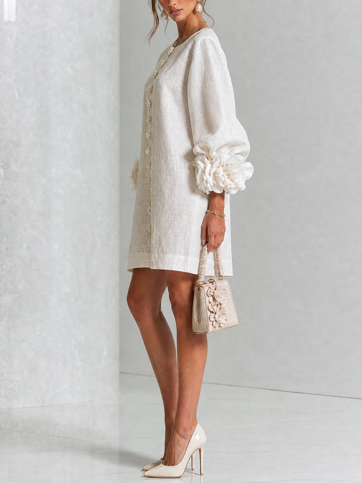 White Women's Floral Mini Dress with Linen Button-Front & Rosette Cuffs — Jolie - Side Pose Cream
