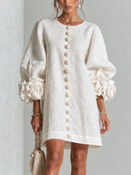 White Women's Floral Mini Dress with Linen Button-Front & Rosette Cuffs