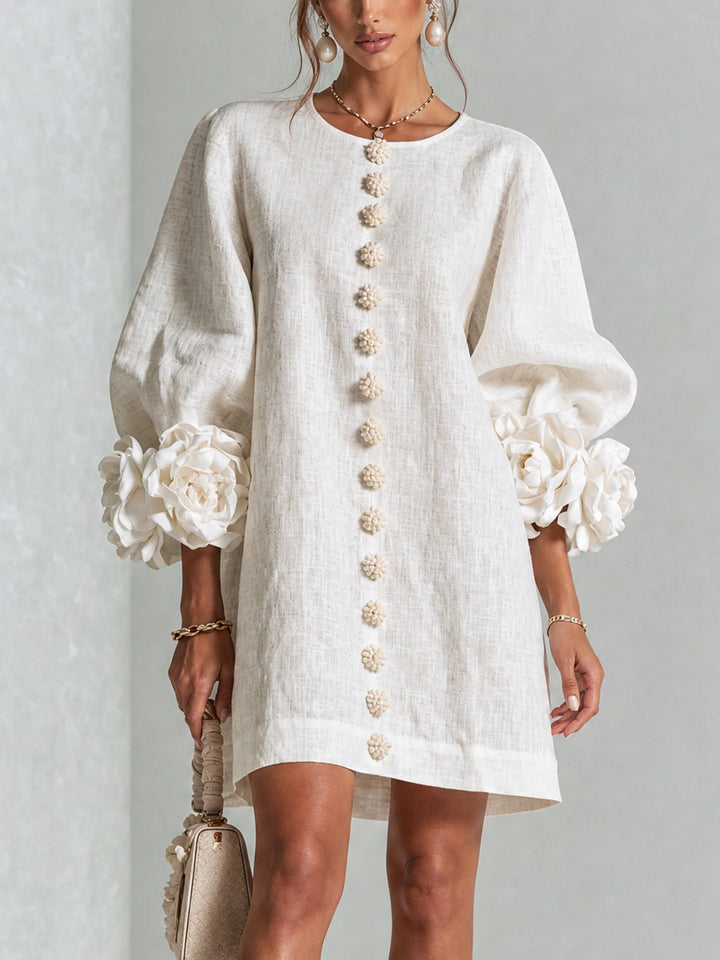 White Women's Floral Mini Dress with Linen Button-Front & Rosette Cuffs