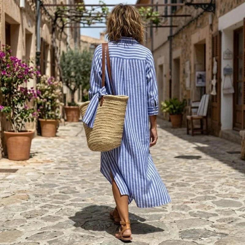 Blue Women's Striped Shirt Dress in Linen with Button-Front Design — Margaret - Back Walking Full