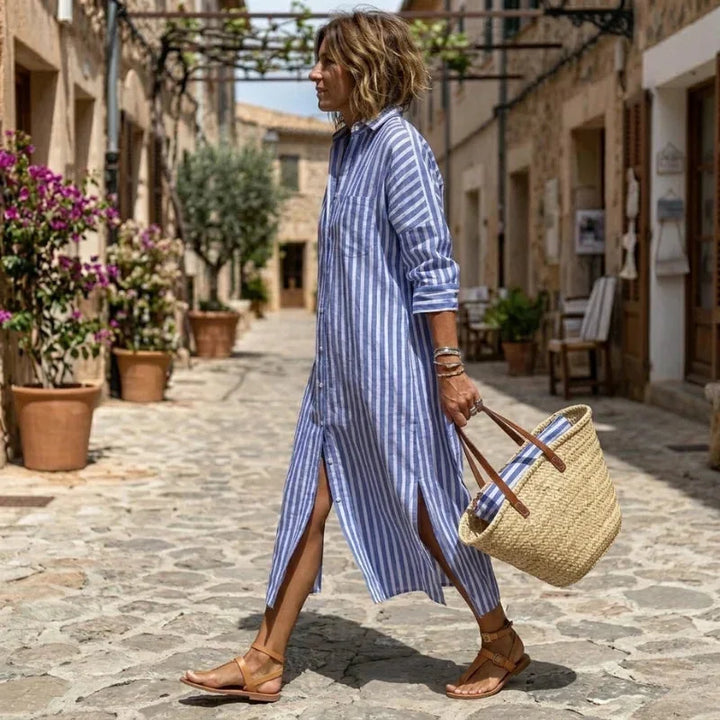 Blue Women's Striped Shirt Dress in Linen with Button-Front Design — Margaret - Side Walking Bag