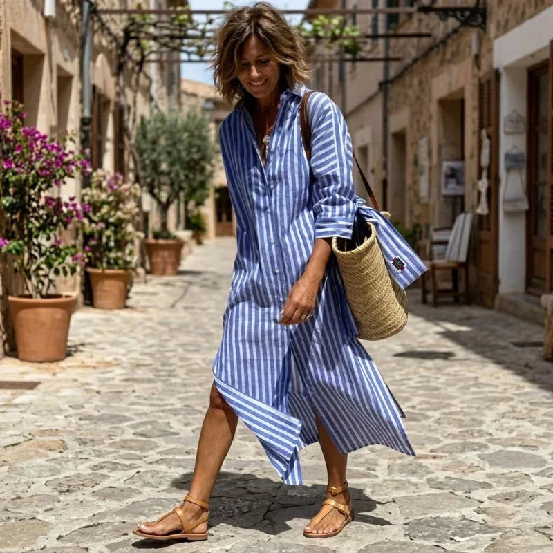Blue Women's Striped Shirt Dress in Linen with Button-Front Design — Margaret - Walking Motion Blur