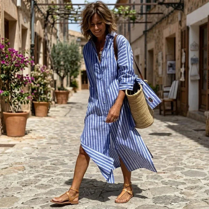 Blue Women's Striped Shirt Dress in Linen with Button-Front Design — Margaret - Walking Motion Blur