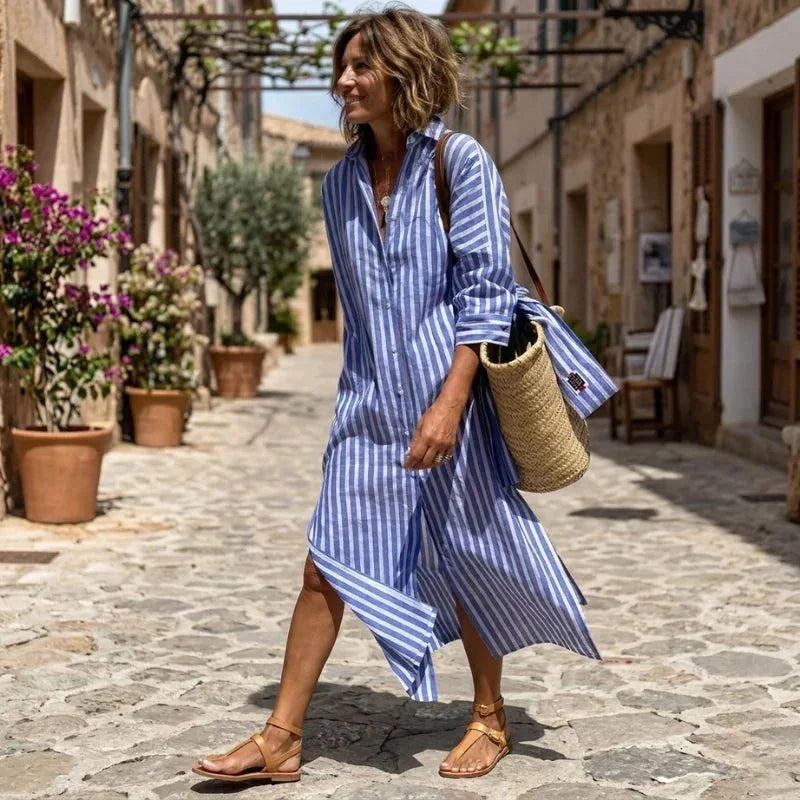 Blue Women's Striped Shirt Dress in Linen with Button-Front Design