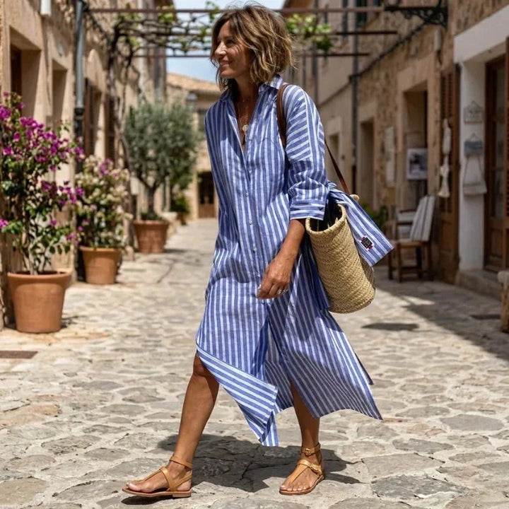 Blue Women's Striped Shirt Dress in Linen with Button-Front Design