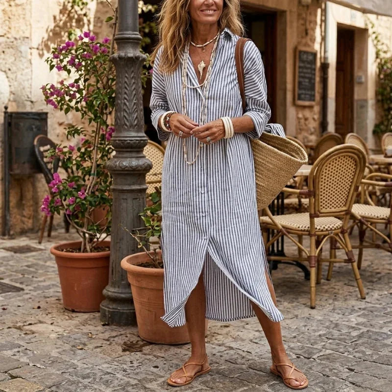 Light Gray Women's Striped Shirt Dress in Linen with Button-Front Design