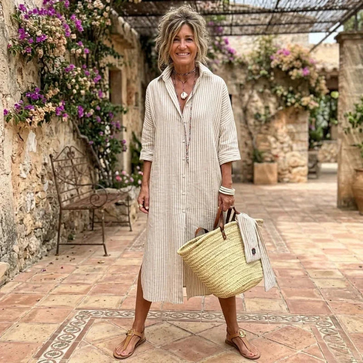 Sand Women's Striped Shirt Dress in Linen with Button-Front Design
