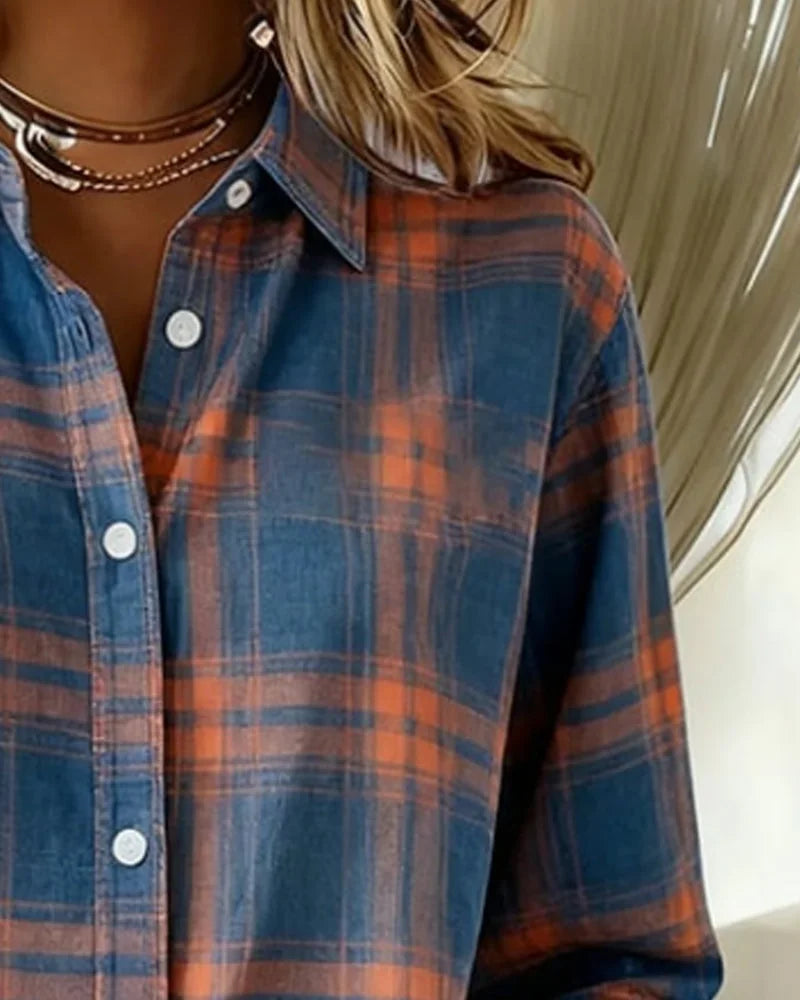 Women's Plaid Shirt with Button-Front Collar and Relaxed Everyday Fit - Collar Closeup