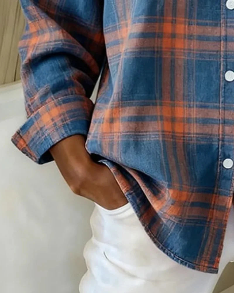 Women's Plaid Shirt with Button-Front Collar and Relaxed Everyday Fit - Cuff Pocket Detail