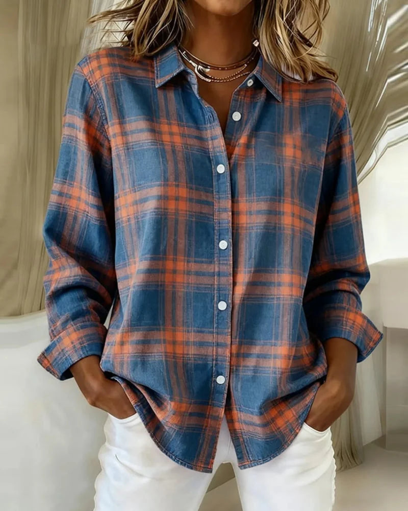 Blue Women's Plaid Shirt with Button-Front Collar and Relaxed Everyday Fit