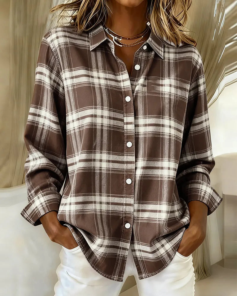 Coffee Brown Women's Plaid Shirt with Button-Front Collar and Relaxed Everyday Fit