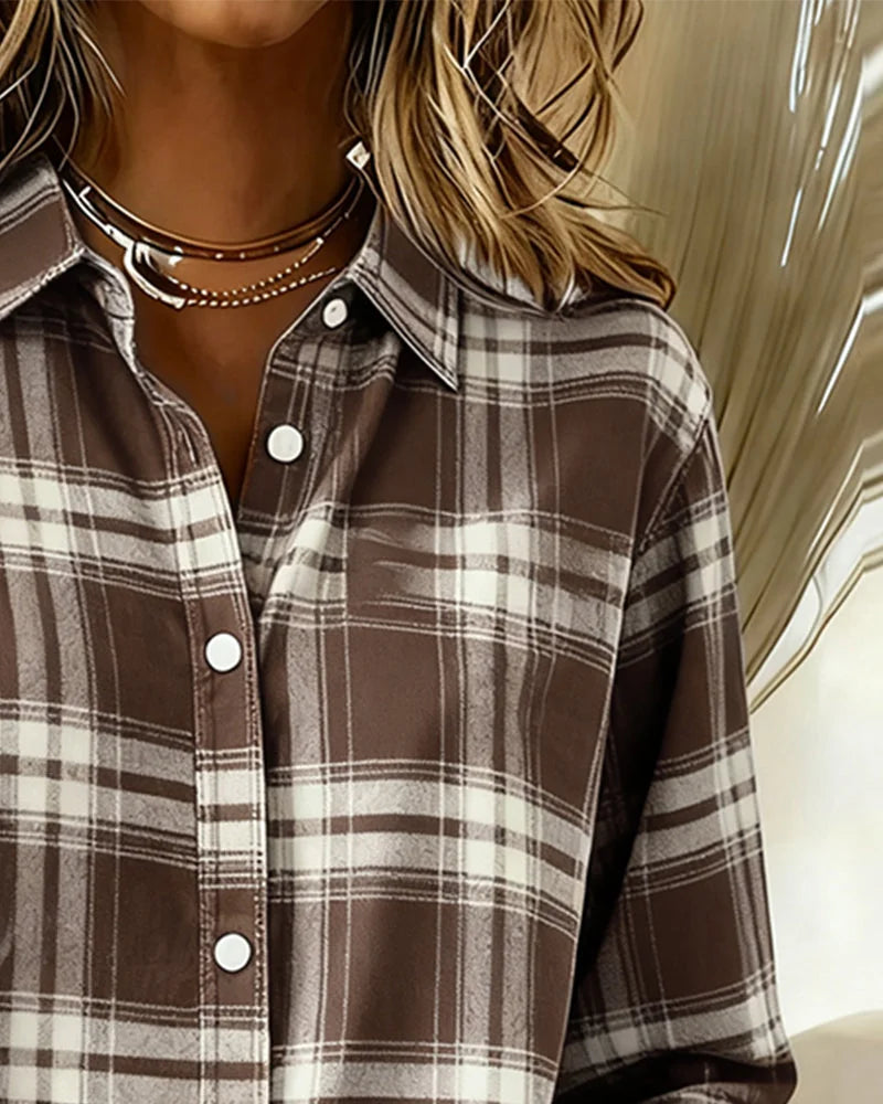 Women's Plaid Shirt with Button-Front Collar and Relaxed Everyday Fit - Brown Collar Closeup